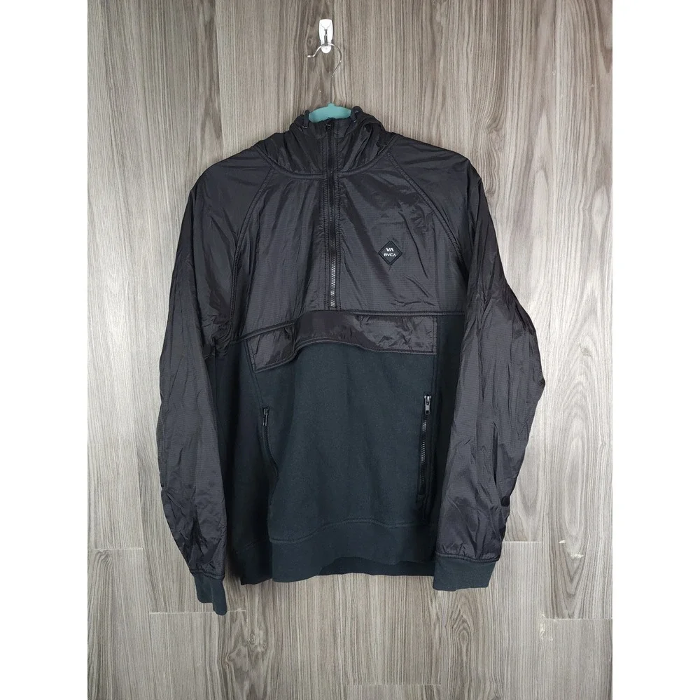 RVCA Mens Mixed Media Ripstop Fleece Half Zip Anorak Hoodie Black Small